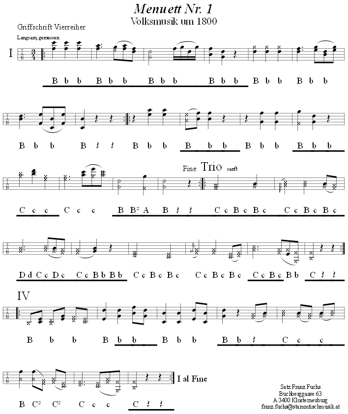 Menuett Nr. 1 in Griffschrift fr Steirische Harmonika. 
Bitte klicken, um die Melodie zu hren.