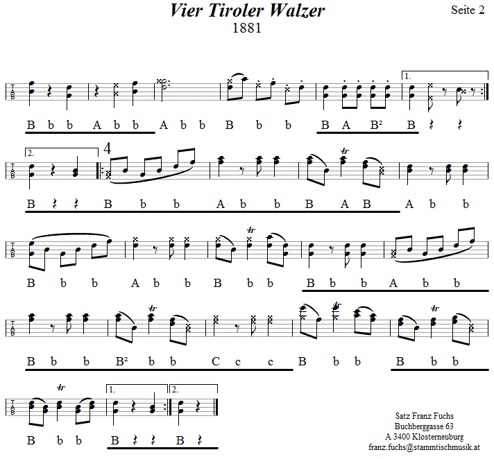 Vier Tiroler Walzer in Griffschrift fr Steirische Harmonika, Seite 2. 
Bitte klicken, um die Melodie zu hren.