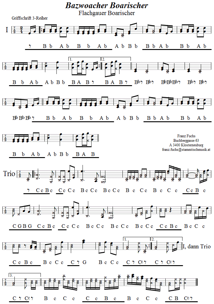 Bazwoacher Boarischer in Griffschrift fr Steirische Harmonika. 
Bitte klicken, um die Melodie zu hren.