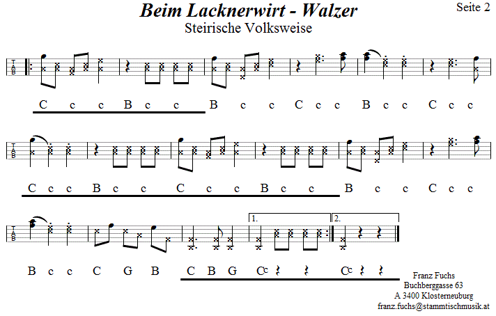 Beim Lacknerwirt, Walzer, Seite 2 in Griffschrift fr Steirische Harmonika.| 
Bitte klicken, um die Melodie zu hren.