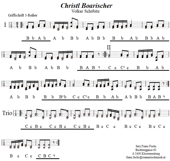 Christl Boarischer von Volker Schbitz in Griffschrift fr Steirische Harmonika. 
Bitte klicken, um die Melodie zu hren.