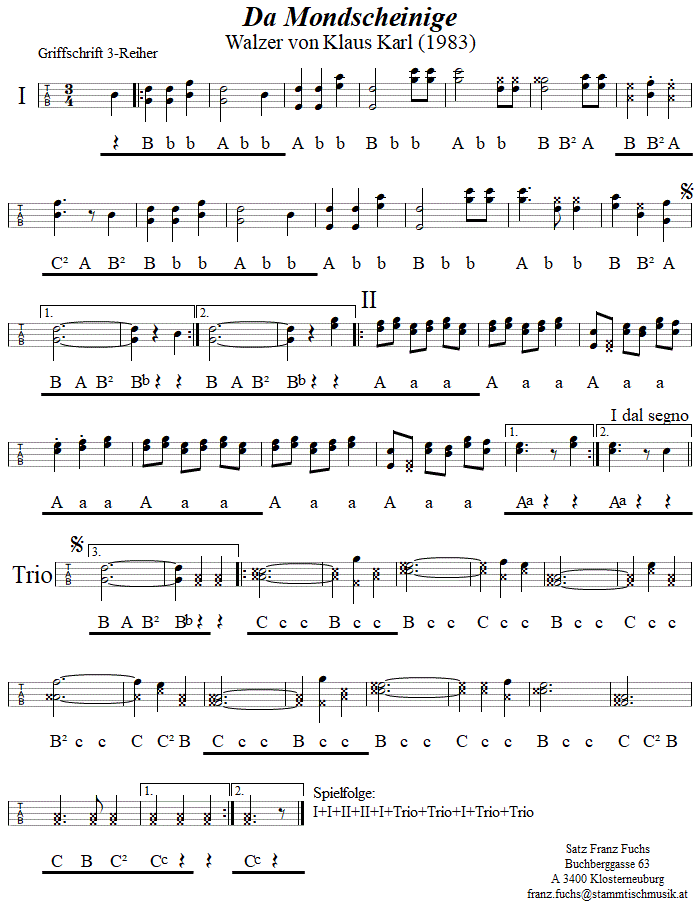 Der Mondscheinige, Walzer von Klaus Karl in Griffschrift fr Steirische Harmonika. 
Bitte klicken, um die Melodie zu hren.