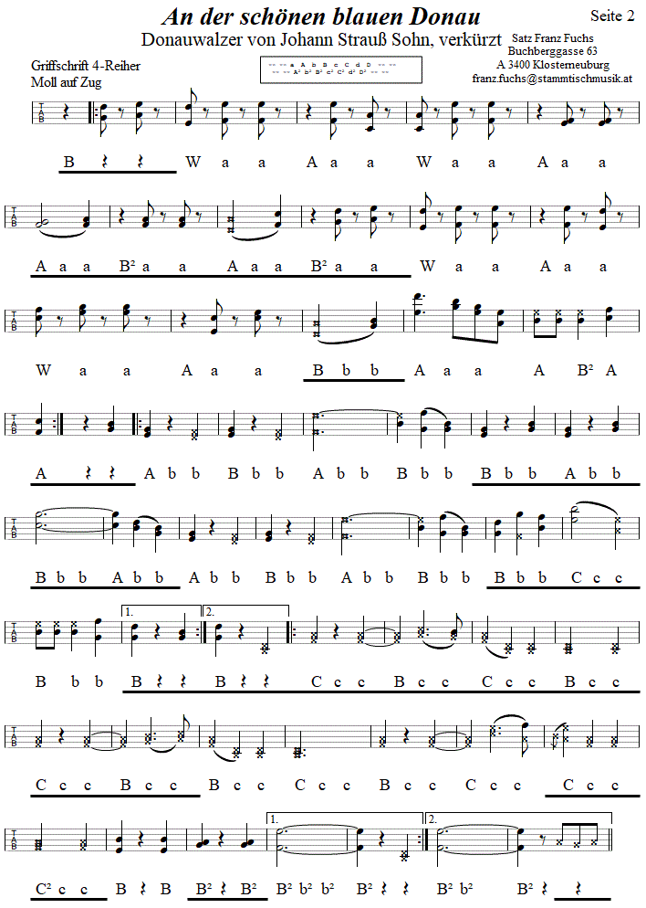 Donauwalzer von Johann Strau, Seite 2 in Griffschrift fr Steirische Harmonika. 
Bitte klicken, um die Melodie zu hren.