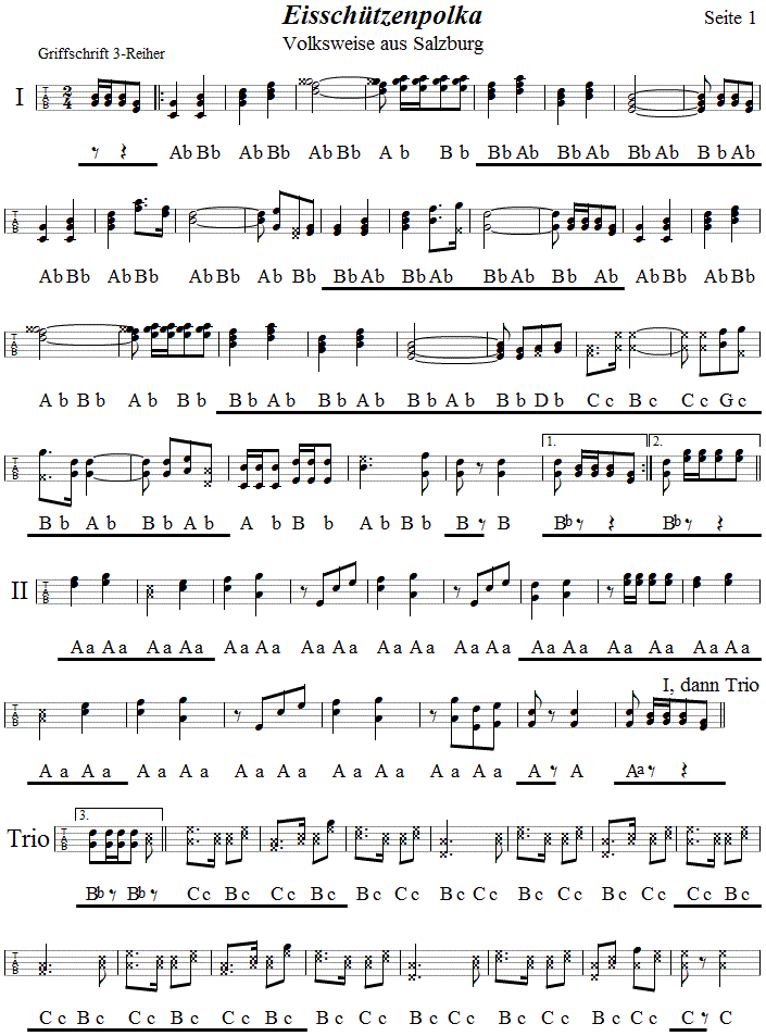 Eisschtzenpolka, Seite 1 in Griffschrift fr Steirische Harmonika.| 
Bitte klicken, um die Melodie zu hren.