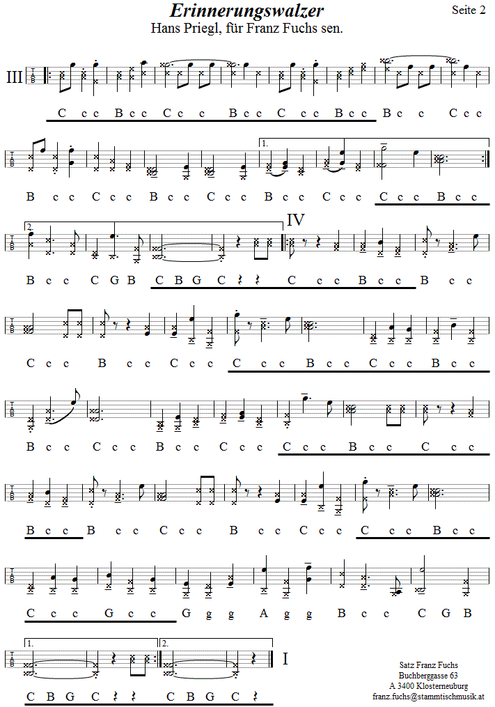Einnerungswalzer von Hans Priegl aus Wien, Seite 2, in Griffschrift fr Steirische Harmonika,  klicken Sie auf die Noten, hren sie die Melodie.