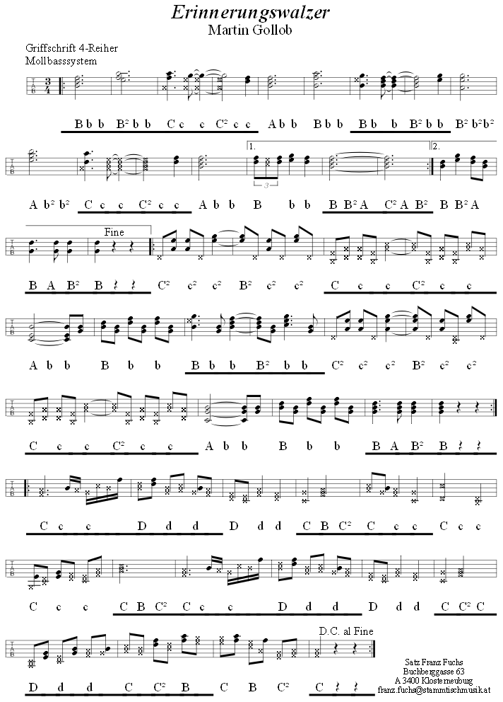 Erinnerungswalzer von Martin Gollob, in Griffschrift fr Steirische Harmonika. Klicken Sie auf die Noten, hren sie die Melodie.