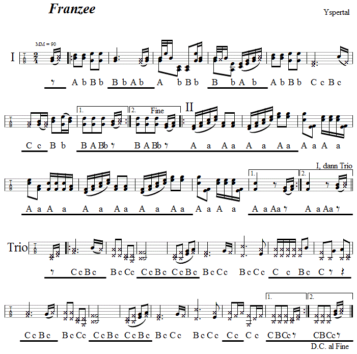 Yspertaler Franzee  in Griffschrift fr Steirische Harmonika. 
Bitte klicken, um die Melodie zu hren.