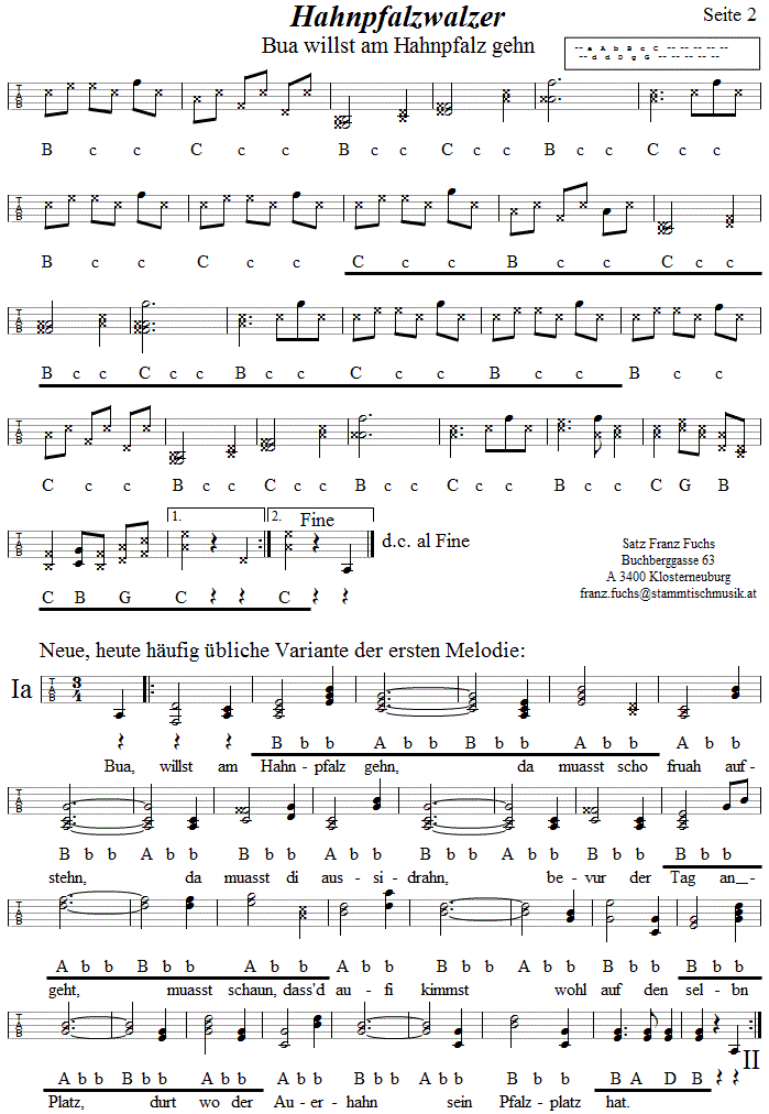 Hahnpfalzwalzer in Griffschrift fr Steirische Harmonika, Seite 2. 
Bitte klicken, um die Melodie zu hren.