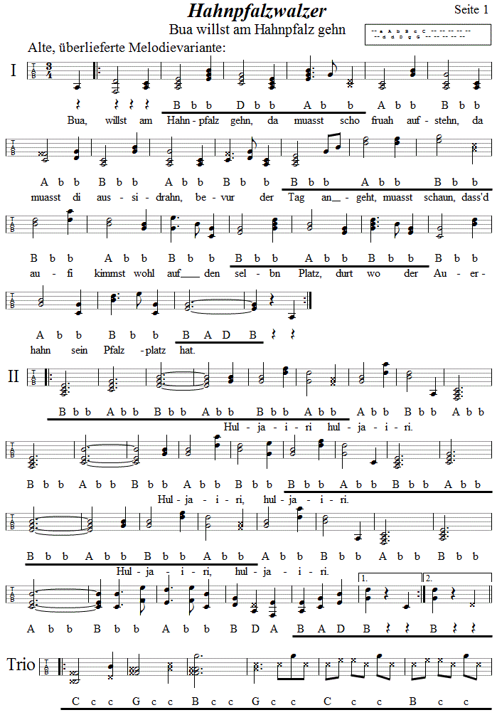 Hahnpfalzwalzer in Griffschrift fr Steirische Harmonika, Seite 1. 
Bitte klicken, um die Melodie zu hren.