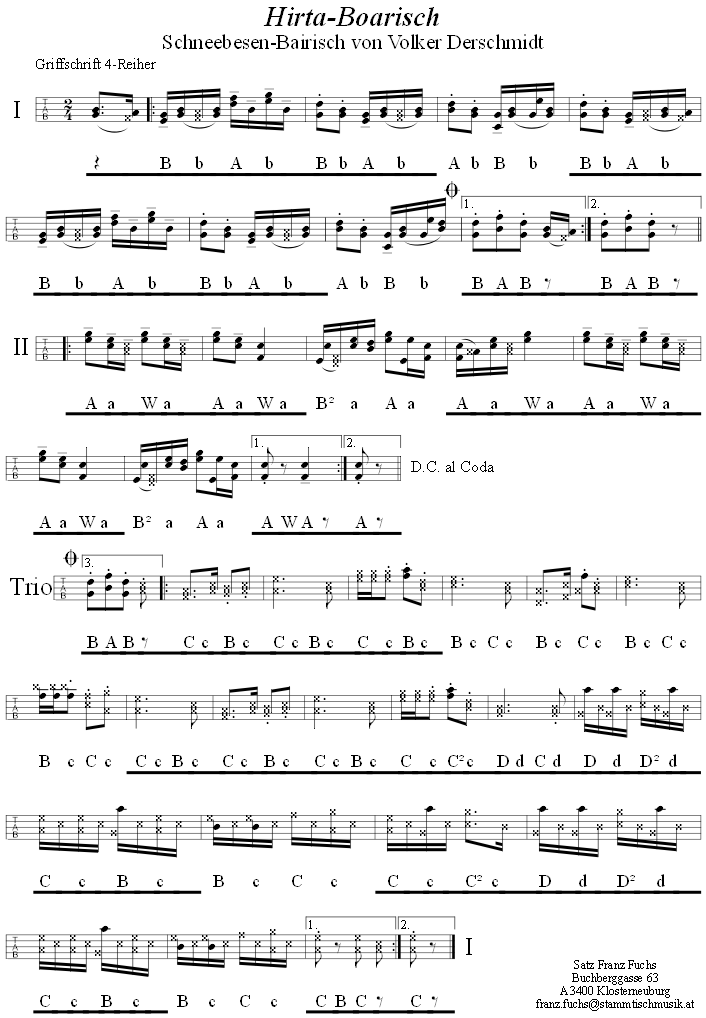 Hirta-Boarisch (Schneebesen-Bairisch) in Griffschrift fr Steirische Harmonika. 
Bitte klicken, um die Melodie zu hren.
