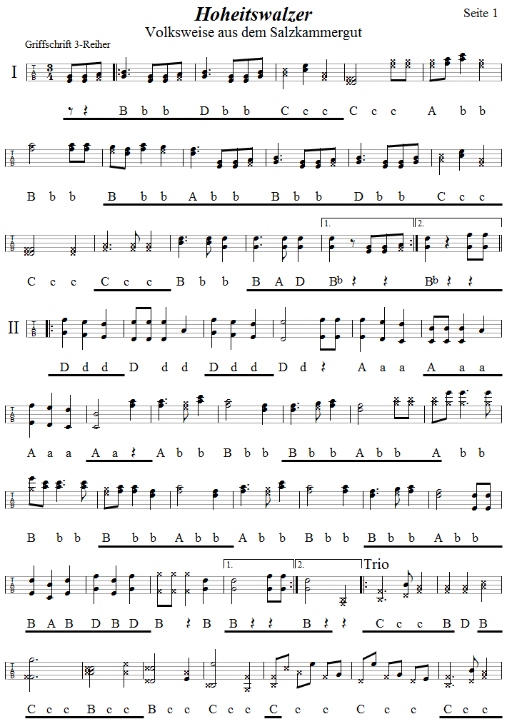 Hoheitswalzer Seite 1 in Griffschrift fr Steirische Harmonika. 
Bitte klicken, um die Melodie zu hren.