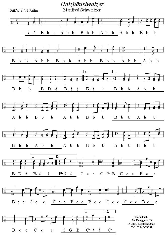 Holzhuslwalzer in Griffschrift fr Steirische Harmoniika. 
Bitte klicken, um die Melodie zu hren.