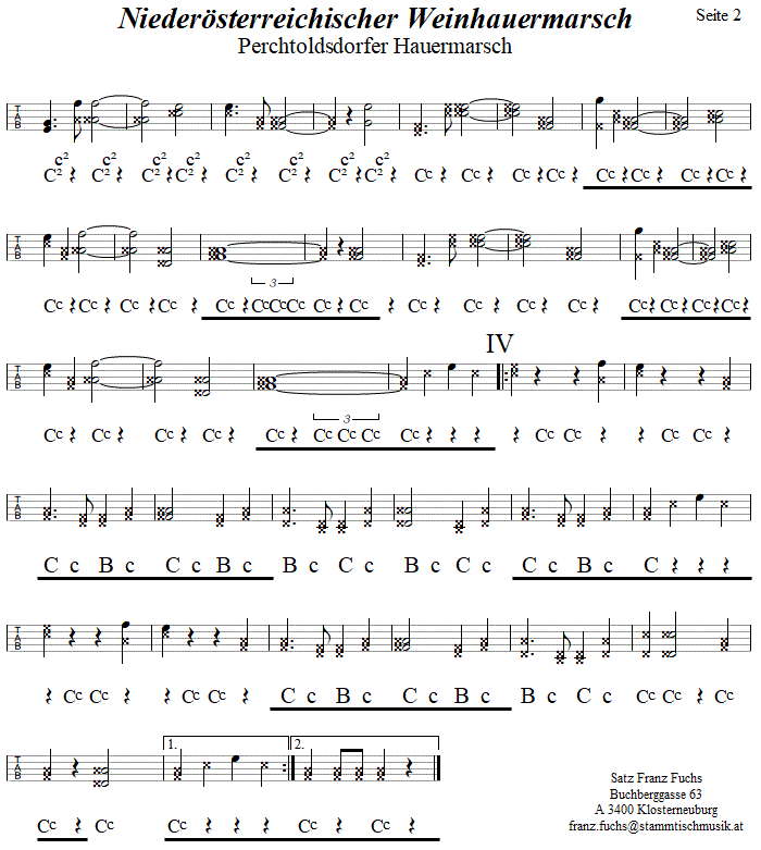 Niedersterreichischer Weinhauermarsch, Seite 2 in Griffschrift fr steirische Harmonika. 
Bitte klicken, um die Melodie zu hren.