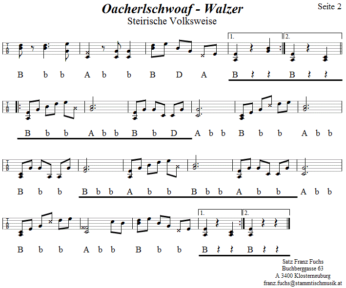 Oacherlschwoaf-Walzer, Seite  2 in Griffschrift fr Steirische Harmonika.| 
Bitte klicken, um die Melodie zu hren.