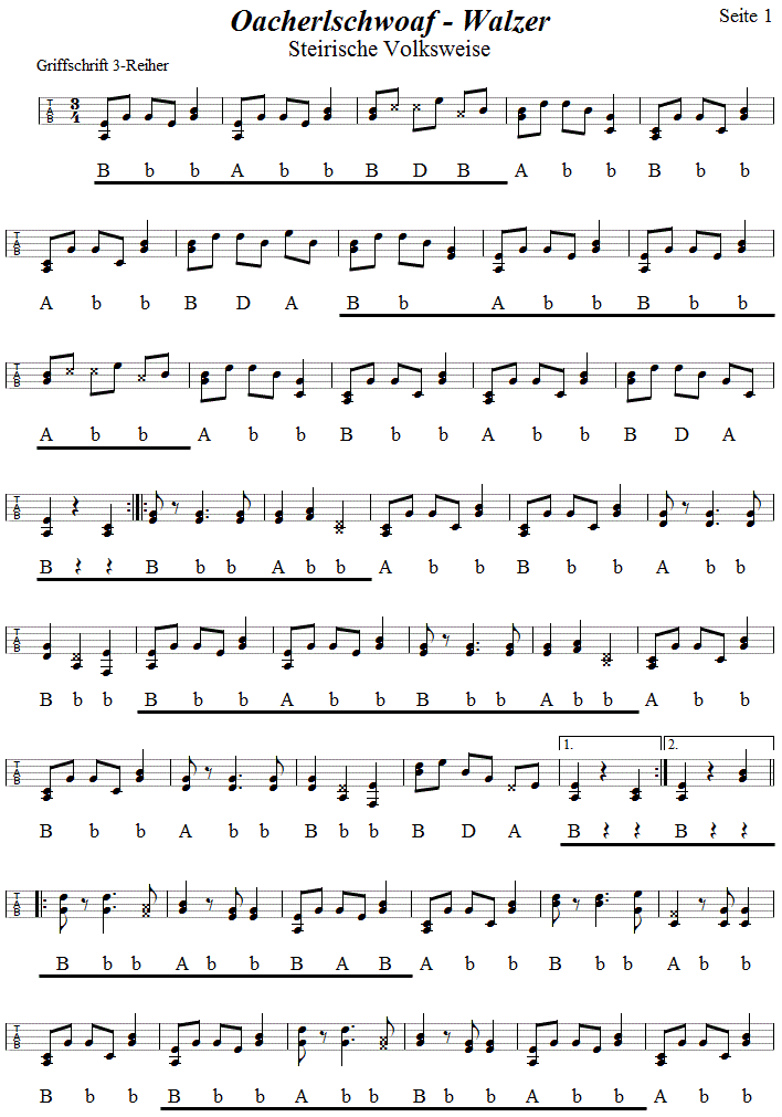 Oacherlschwoaf-Walzer, Seite 1 in Griffschrift fr Steirische Harmonika.| 
Bitte klicken, um die Melodie zu hren.
