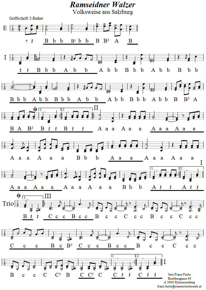 Ramseid'ner Walzer in Griffschrift fr steirische Harmonika. 
Bitte klicken, um die Melodie zu hren.