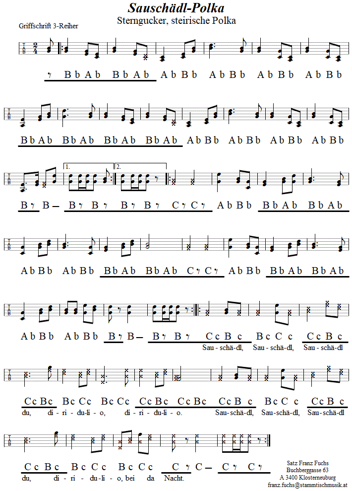 Sauschdl-Polka (Sterngucker-Polka) in Griffschrift fr Steirische Harmonika. 
Bitte klicken, um die Melodie zu hren.