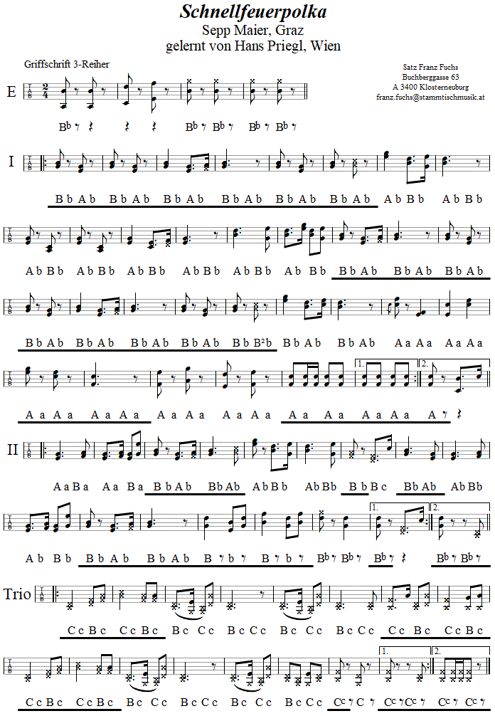Schnellfeuerpolka in Griffschrift fr Steirische Harmonika. 
Bitte klicken, um die Melodie zu hren.