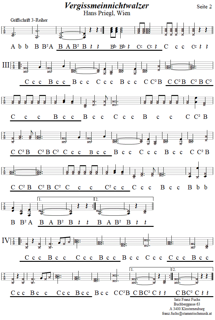 Vergissmeinnichtwalzer von Hans Priegl, Seite 2, in Griffschrift fr Steirische Harmonika. 
Bitte klicken, um die Melodie zu hren.