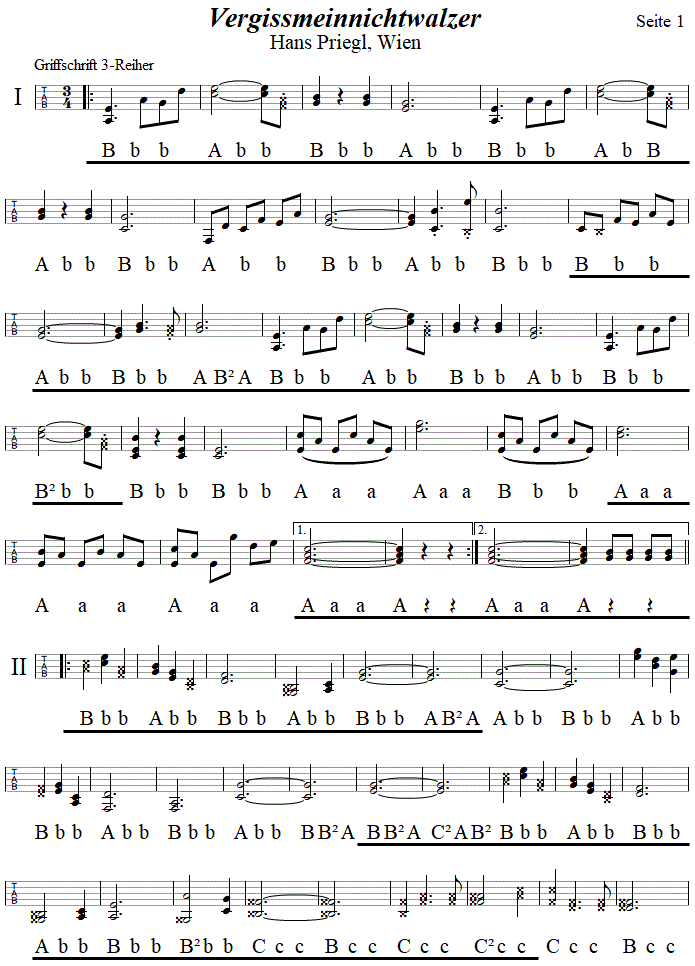 Vergissmeinnichtwalzer von Hans Priegl, Seite 1, in Griffschrift fr Steirische Harmonika. 
Bitte klicken, um die Melodie zu hren.