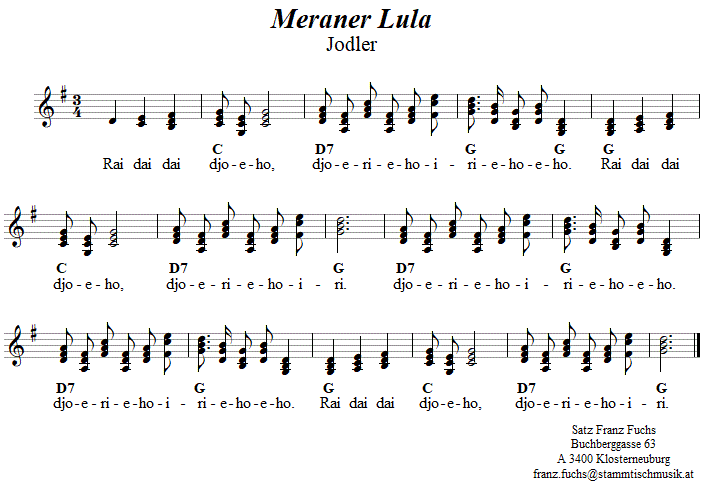 Meraner Lula in dreistimmigen Noten. 
Bitte klicken, um die Melodie zu hren.