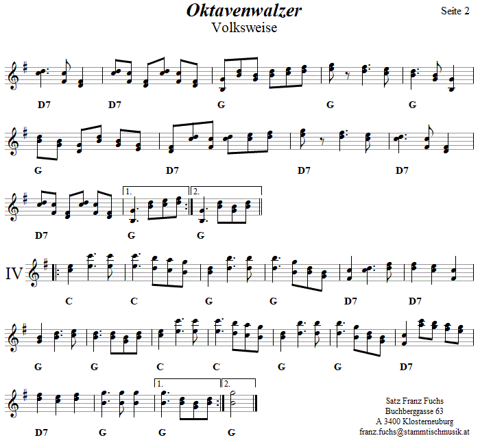 Oktavenwalzer, Seite 2 in Griffschrift fr Steirische Harmonika. 
Bitte klicken, um die Melodie zu hren.