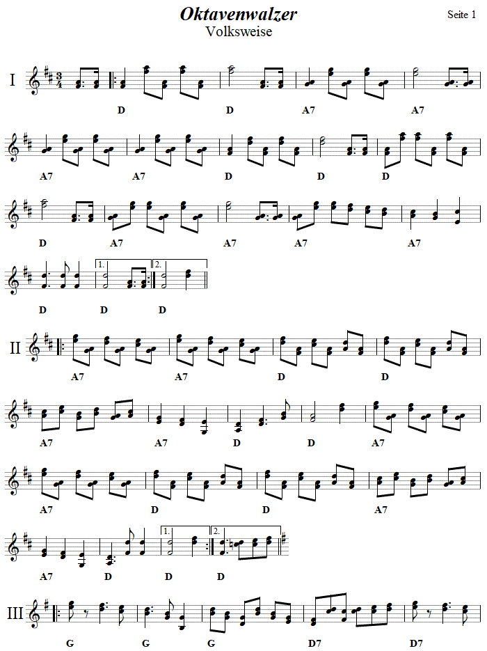 Oktavenwalzer, Seite 1 in zweistimmigen Noten. 
Bitte klicken, um die Melodie zu hren.