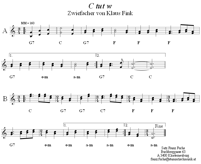 C tut W - Zwiefacher von Klaus Fink in zweistimmigen Noten. 
Bitte klicken, um die Melodie zu hren.