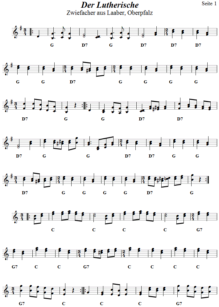 Der Lutherische, Zwiefacher in zweistimmigen Noten, Seite 1. 
Bitte klicken, um die Melodie zu hren.