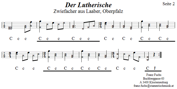 Der Lutherische, Zwiefacher in Griffschrift fr Steirische Harmonika, Seite 2. 
Bitte klicken, um die Melodie zu hren.