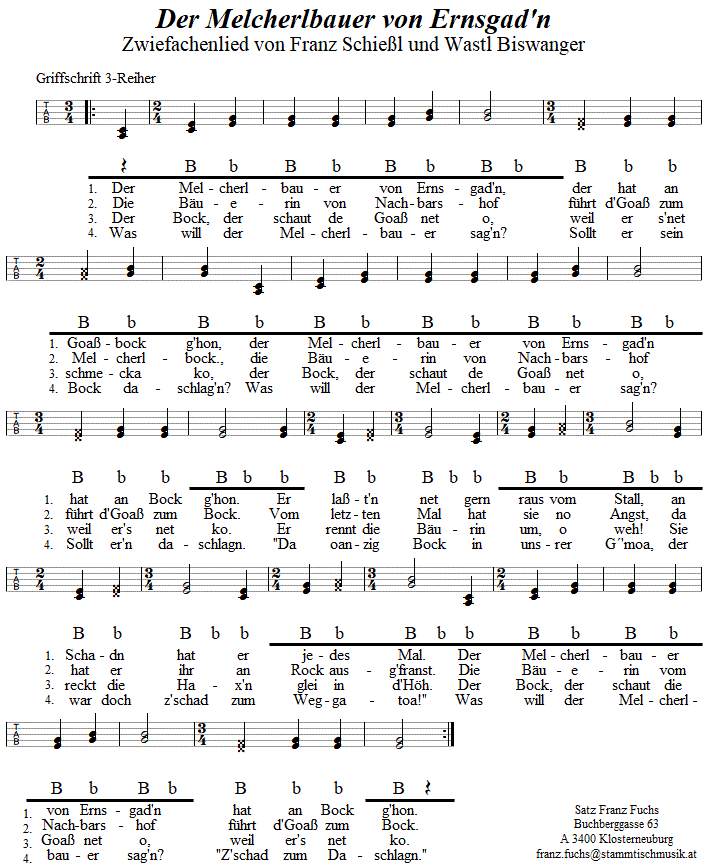 Der Melcherlbauer von Ernsgad'n, Zwiefacher in Griffschrift fr Steirische harmonika. 
Bitte klicken, um die Melodie zu hren.