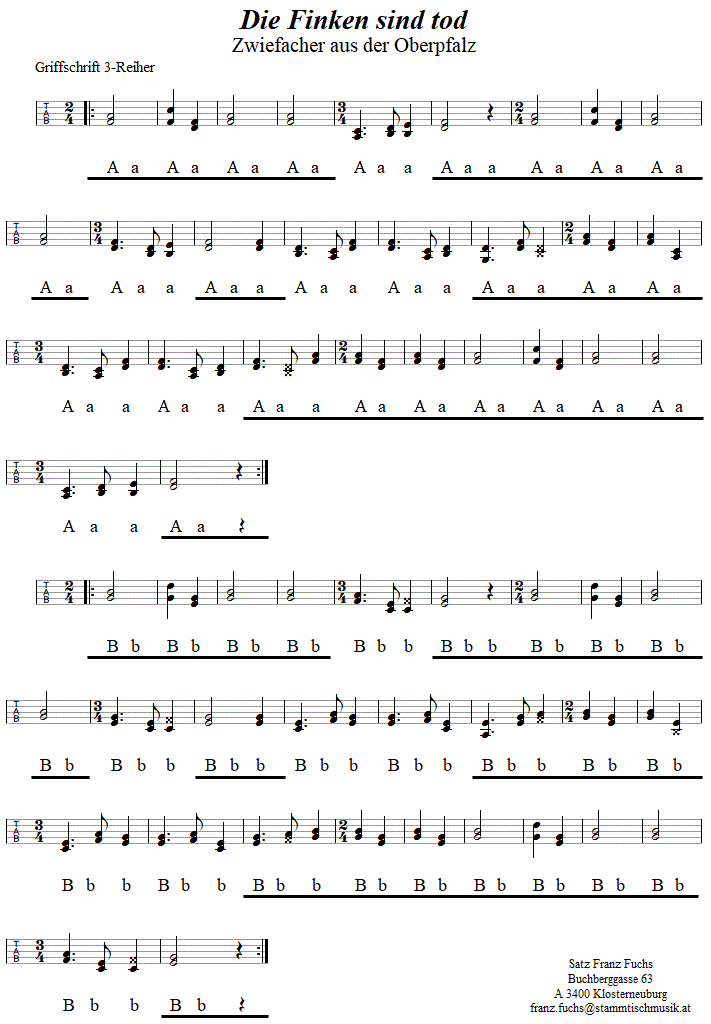 Die Finken sind tod, Zwiefacher in Griffschrift fr Steirische Harmonika. 
Bitte klicken, um die Melodie zu hren.