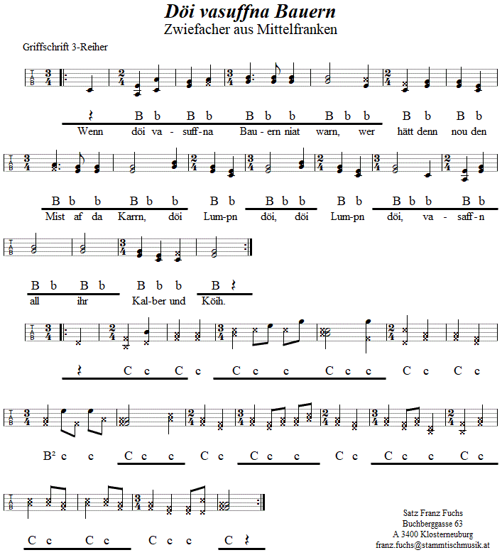 Di vasuffna Bauern, Zwiefacher in Griffschrift fr Steirische Harmonika. 
Bitte klicken, um die Melodie zu hren.