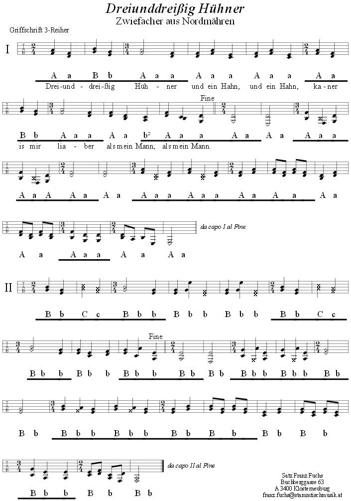 Dreiunddreiig Hhner, Zwiefacher in Griffschrift fr Steirische Harmonika, Seite 1. 
Bitte klicken, um die Melodie zu hren.