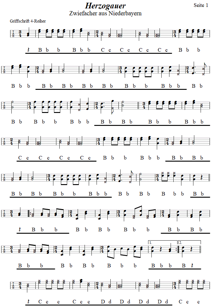 Herzogauer, Seite 1, Zwiefacher in Griffschrift fr Steirische Harmonika. 
Bitte klicken, um die Melodie zu hren.