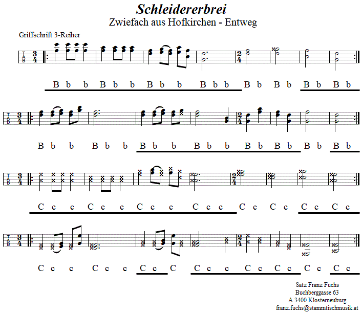 Schleidererbrei, Zwiefacher in Griffschrift fr Steirische Harmonika. 
Bitte klicken, um die Melodie zu hren.