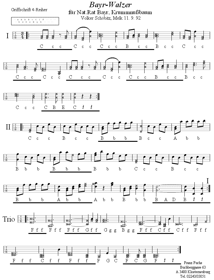 Bayr-Walzer von Volker Schöbitz in Griffschrift für Vierreihige Steirische Harmonika. 
Bitte klicken, um die Melodie zu hören.