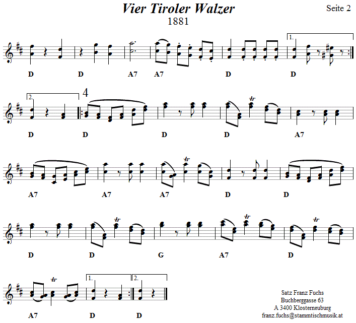 Vier Tiroler Walzer in zweistimmigen Noten, Seite 2. 
Bitte klicken, um die Melodie zu hren.