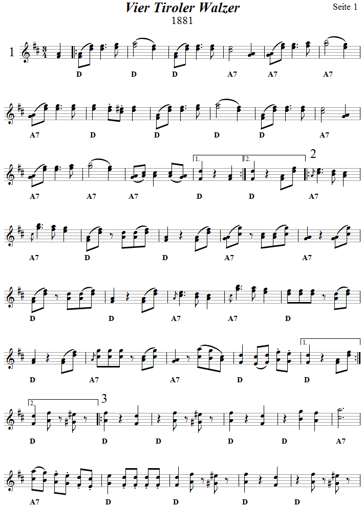 Vier Tiroler Walzer in zweistimmigen Noten, Seite 1. 
Bitte klicken, um die Melodie zu hren.