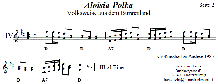 Aloisia-Polka, Seite 2, in zweistimmigen Noten. 
Bitte klicken, um die Melodie zu hren.