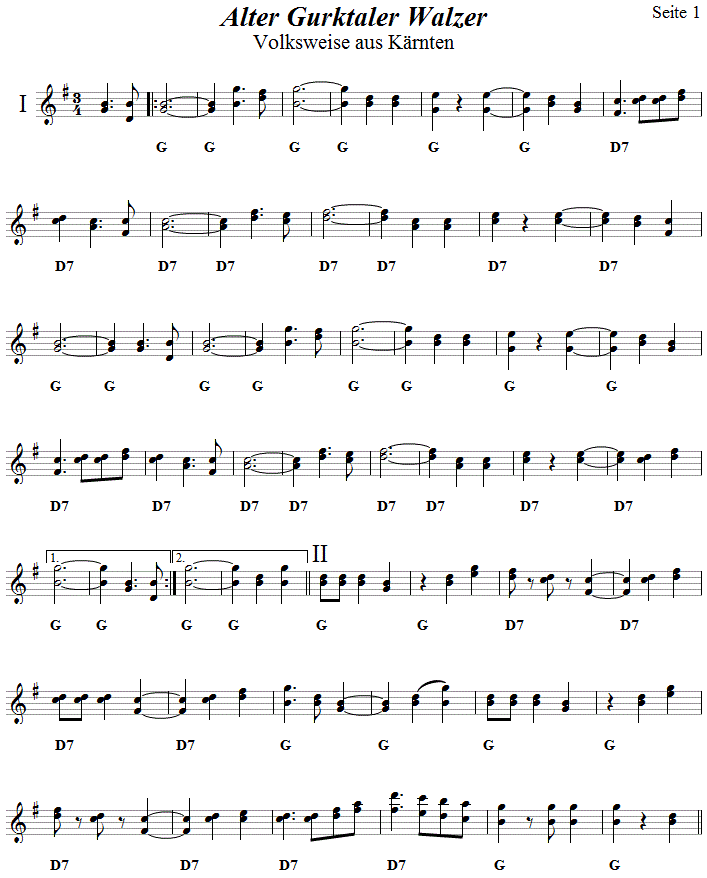 Alter Gurktaler Walzer in zweistimmigen Noten, Seite 1. 
Bitte klicken, um die Melodie zu hren.