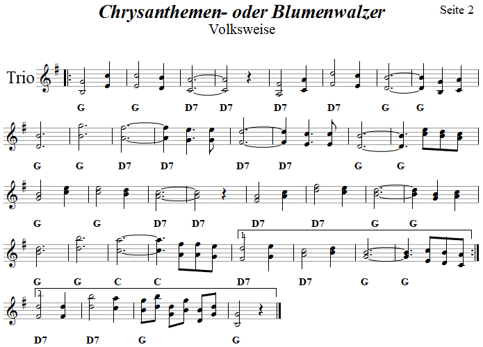 Chrysanthemenwalzer in zweistimmigen Noten, Seite 2. 
Bitte klicken, um die Melodie zu hren.