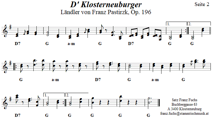 D' Klosterneuburger, Lndler von Franz Pastirzk, Seite 2, in zweistimmigen Noten. 
Bitte klicken, um die Melodie zu hren.