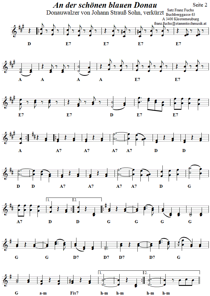 Donauwalzer von Johann Strau, Seite 2 in zweistimmigen Noten. 
Bitte klicken, um die Melodie zu hren.