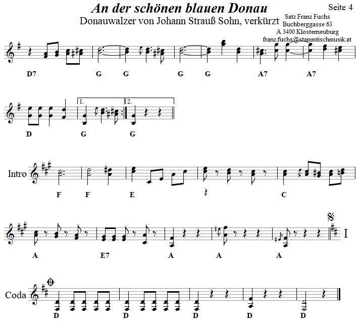 Donauwalzer von Johann Strau, Seite 4 in zweistimmigen Noten. 
Bitte klicken, um die Melodie zu hren.
