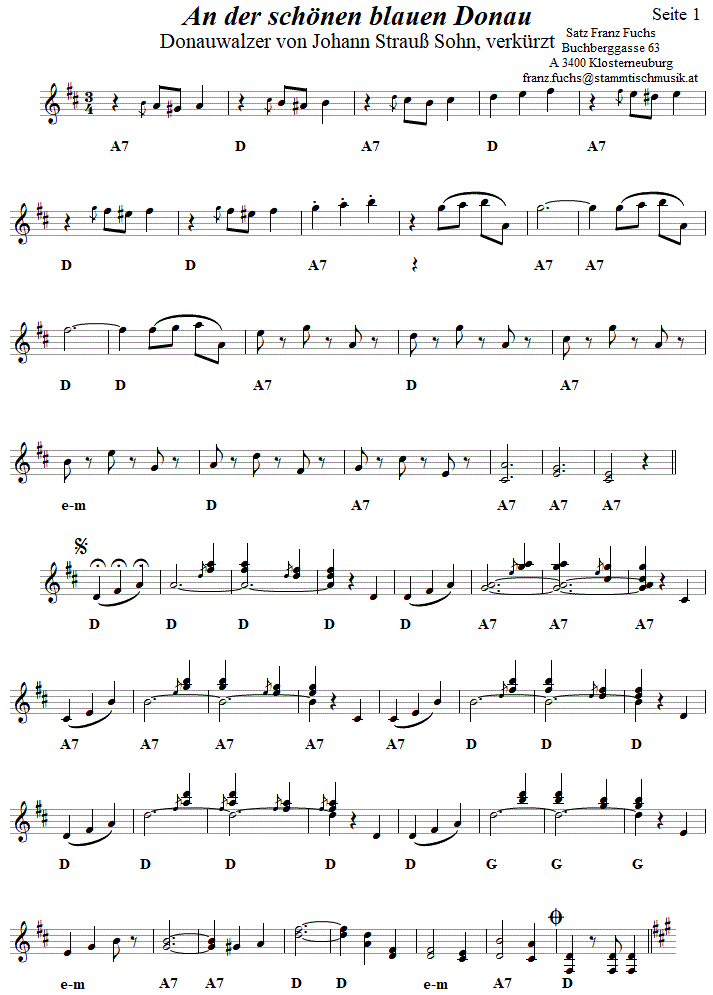 Donauwalzer von Johann Strau, Seite 1 in zweistimmigen Noten. 
Bitte klicken, um die Melodie zu hren.