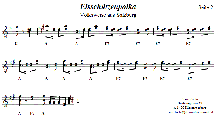 Eisschützenpolka, Seite 2 in zweistimmigen Noten.| 
Bitte klicken, um die Melodie zu hören.