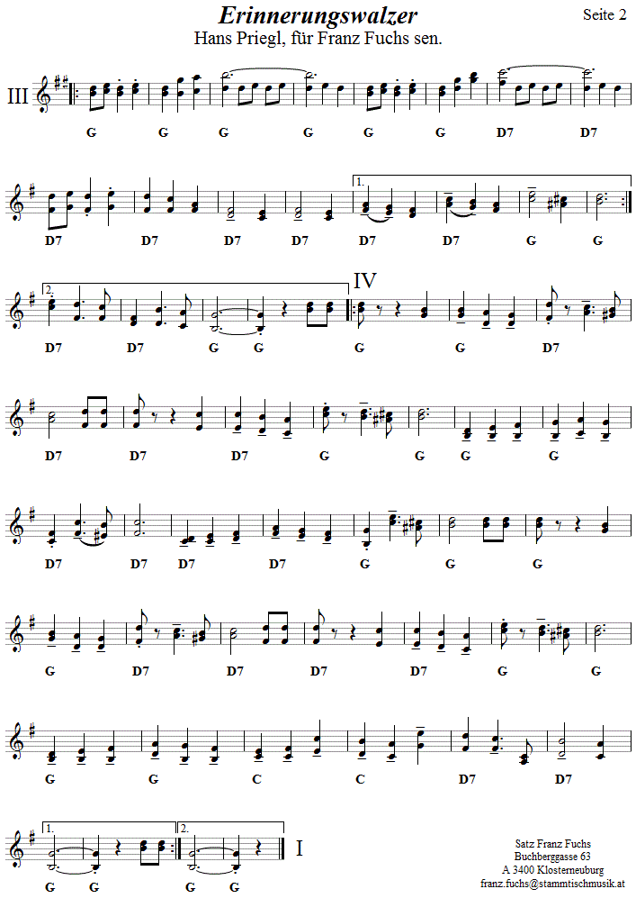 Einnerungswalzer von Hans Priegl aus Wien, Seite 2, in zweistimmigen Noten. Klicken Sie auf die Noten, hören sie die Melodie.