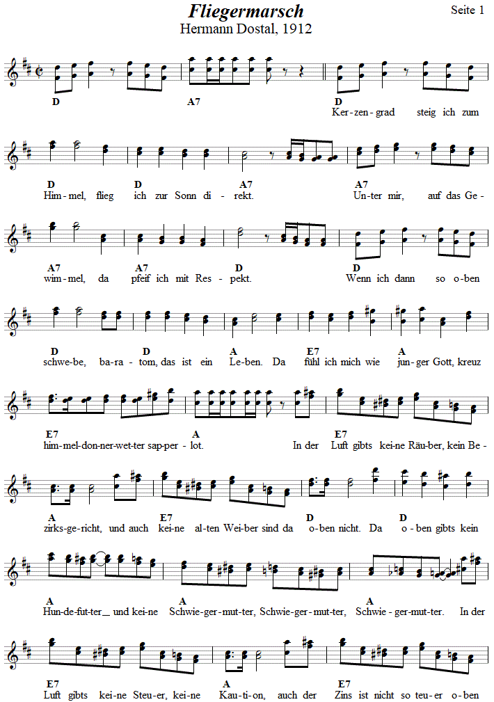 Fliegermarsch von Hermann Dostal, Seite 1,  in zweistimmigen Noten. 
Bitte klicken, um die Melodie zu hören.