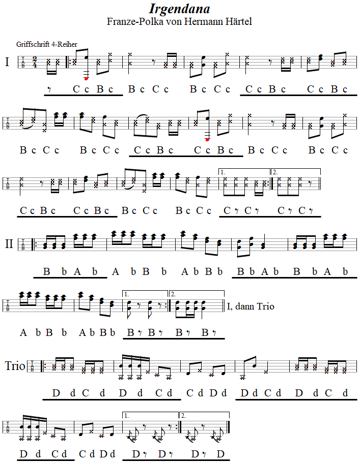 Irgendana, Franze-Polka von Hermann Härtel in Griffschrift für Steirische Harmonika. 
Bitte klicken, um die Melodie zu hören.